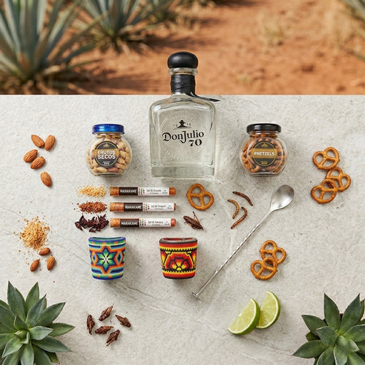 Regalo corporativo premium Don Julio 70 con mezcaleros Arte Huichol y complementos artesanales