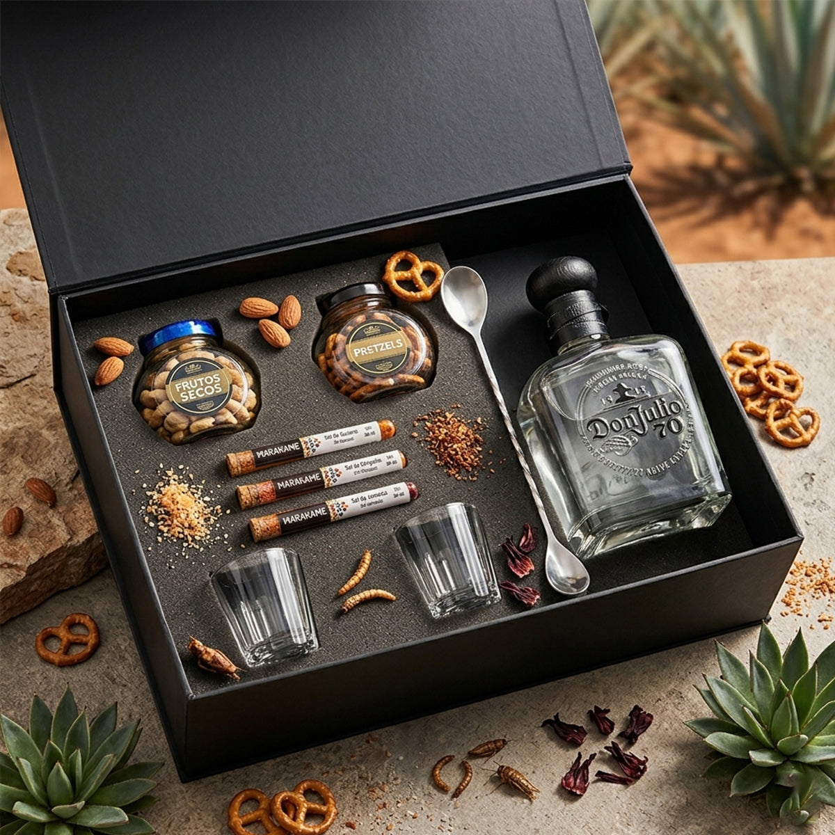 Regalo empresarial de lujo Don Julio 70 con mezcaleros y complementos artesanales