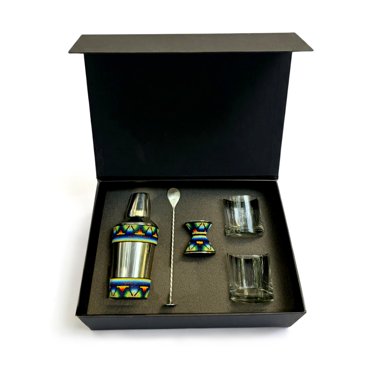 Regalo corporativo premium accesorios para cocteleria arte Huichol