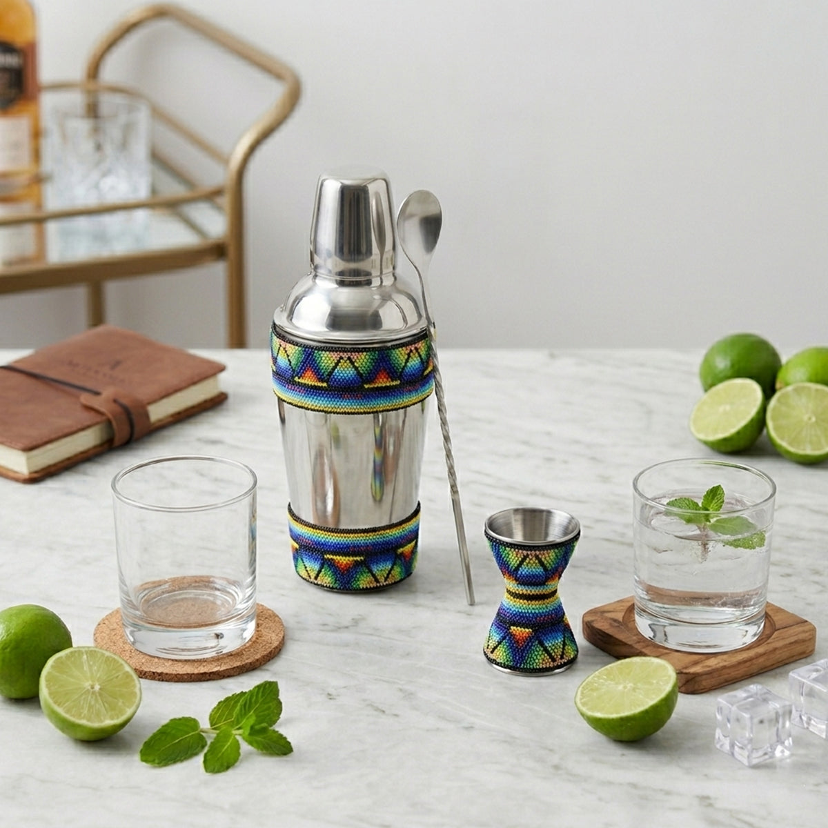 Regalo corporativo premium accesorios para cocteleria arte Huichol