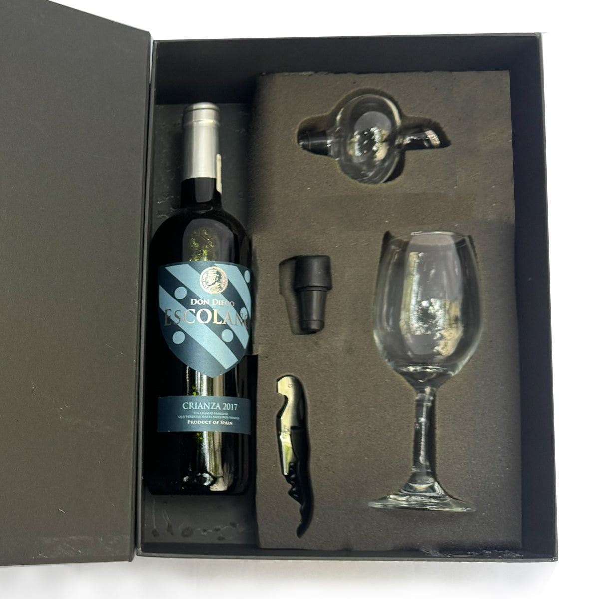 Regalo empresarial de lujo vino Escolano Crianza 2017 con accesorios para cata