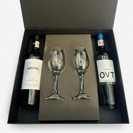 Regalo empresarial de lujo Vino Marco Real y Terrai OVT con copas para cata