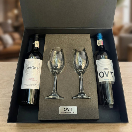 Regalo empresarial de lujo Vino Marco Real y Terrai OVT con copas para cata