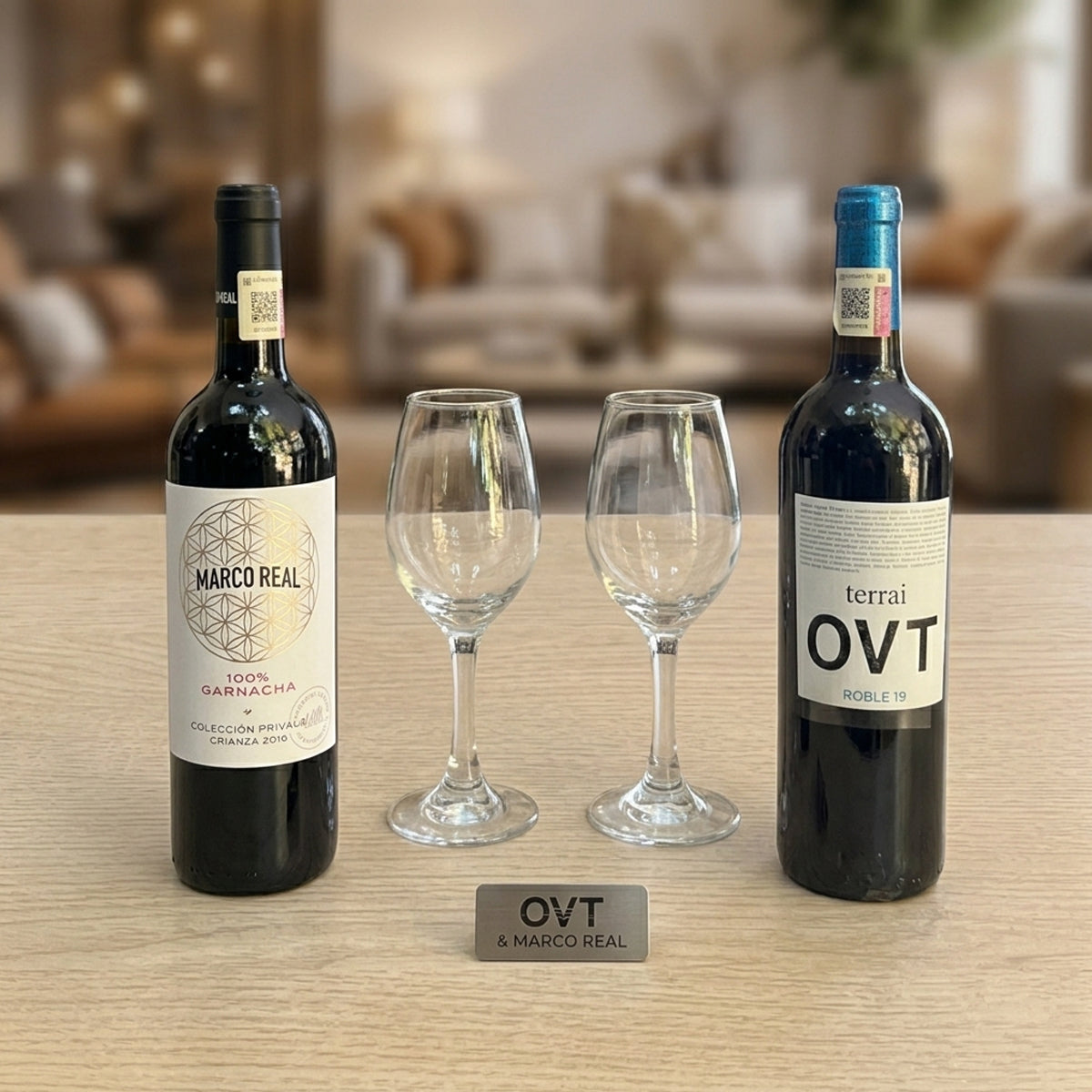 Regalo empresarial de lujo Vino Marco Real y Terrai OVT con copas para cata