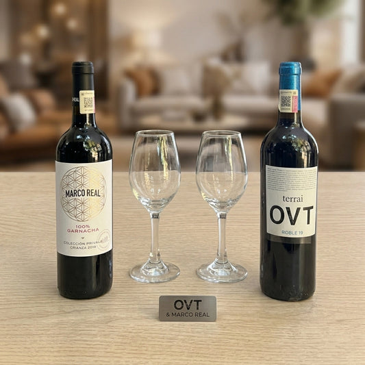 Regalo empresarial de lujo Vino Marco Real y Terrai OVT con copas para cata