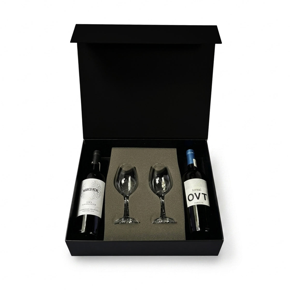 Regalo corporativo de lujo Vino tinto Marco Real y Terrai OVT con copas para cata