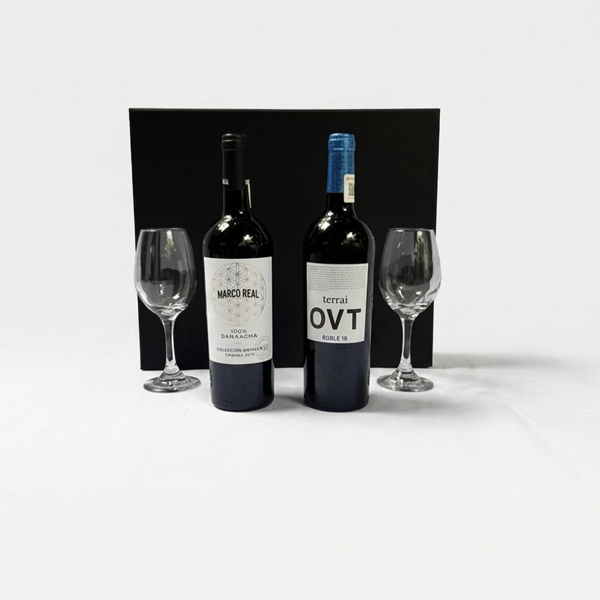 Regalo corporativo de lujo Vino tinto Marco Real y Terrai OVT con copas para cata