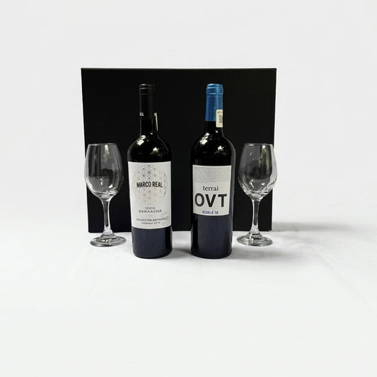 Regalo corporativo de lujo Vino tinto Marco Real y Terrai OVT con copas para cata