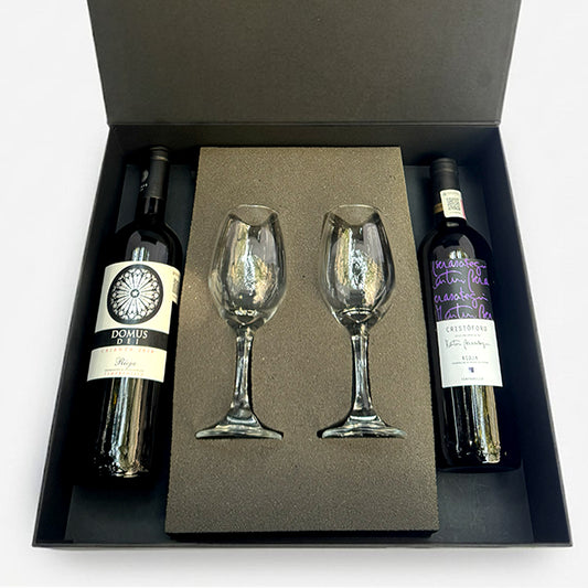 Regalo empresarial de lujo con vino Domus Dei y Cristóforo con copas para cata