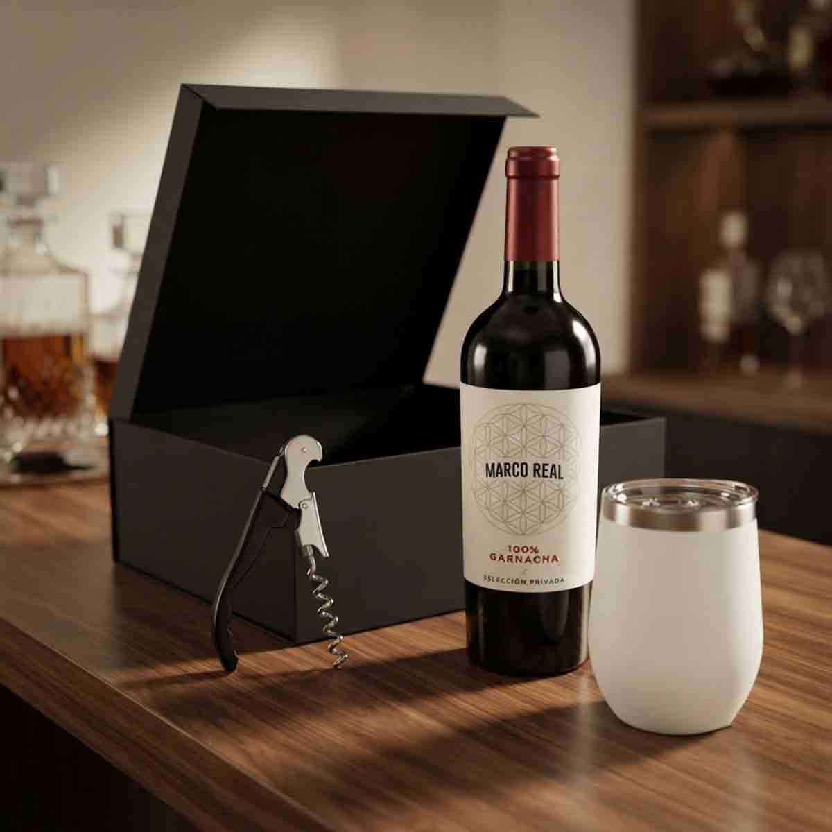 Kit de Marco Real Garnacha con Vaso Térmico y Sacacorchos | Regalo Empresarial de Lujo | Envíos nacionales