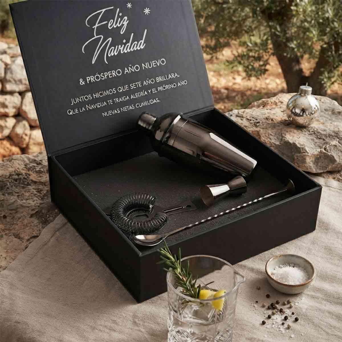 Set de Coctelería de Lujo en Estuche Negro | Shaker, Colador, Jigger y Cuchara | Premium
