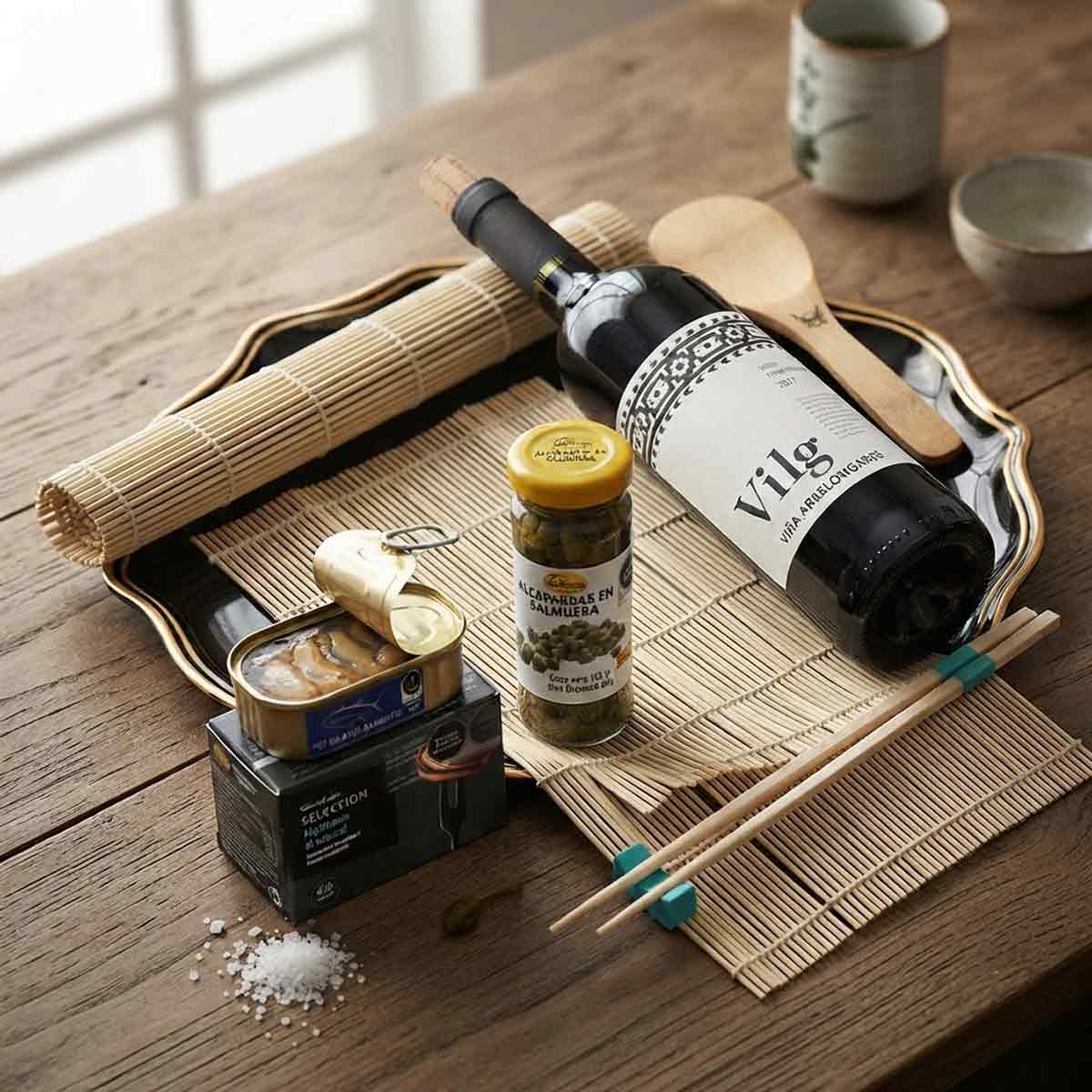 Canasta Gourmet con Vino y Kit de Sushi – Mejillones, Paté de Atún, Alcaparras en Salmuera y Vino Seleccionado| Envíos nacionales