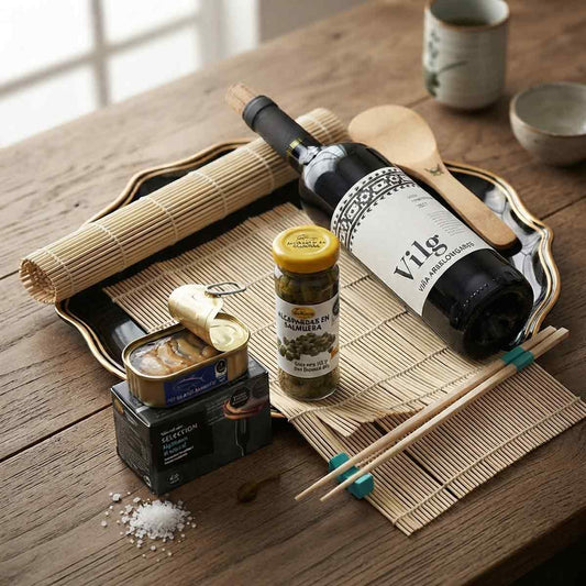 Canasta Gourmet con Vino y Kit de Sushi – Mejillones, Paté de Atún, Alcaparras en Salmuera y Vino Seleccionado| Envíos nacionales