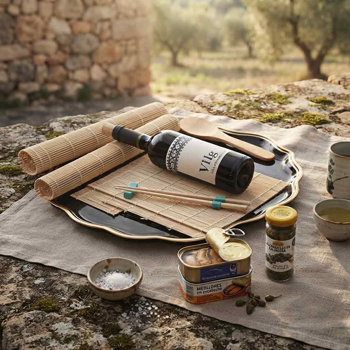 Canasta Gourmet con Vino y Kit de Sushi – Mejillones, Paté de Atún, Alcaparras en Salmuera y Vino Seleccionado| Envíos nacionales