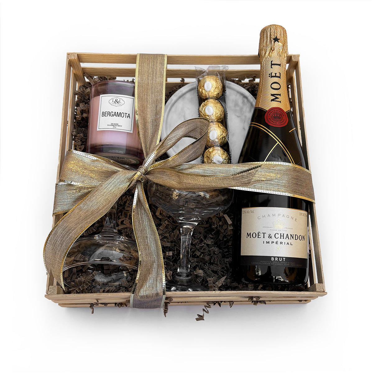 Regalos para boda: Kit con Champagne y Chocolates, Junto Con Copas y Vela Aromática