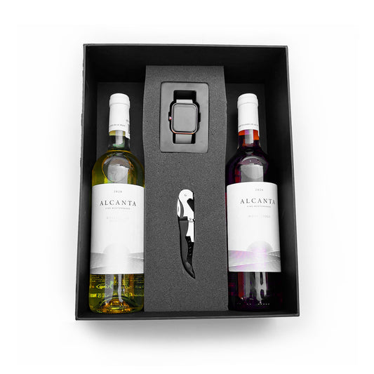 Regalos para jefes: Regalo Premium De Vino Alcanta Blanco y Rosado Con Smart Watch.