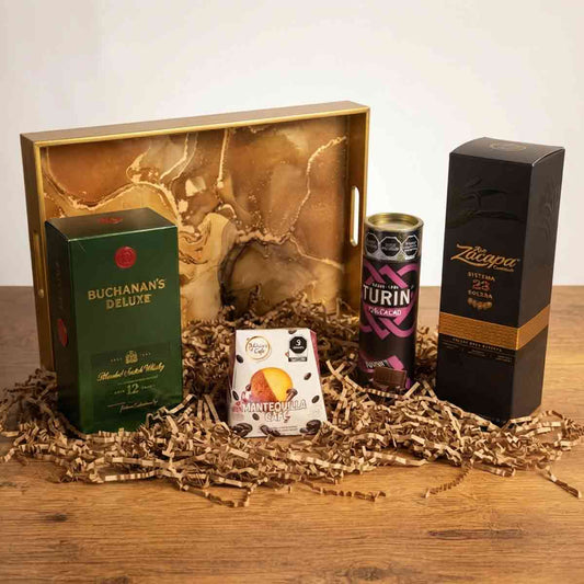 Set Premium con Whisky Buchanan’s 12, Ron Zacapa 23, Chocolates Turin y Galletas | Regalos Empresariales de Lujo | Envíos nacionales