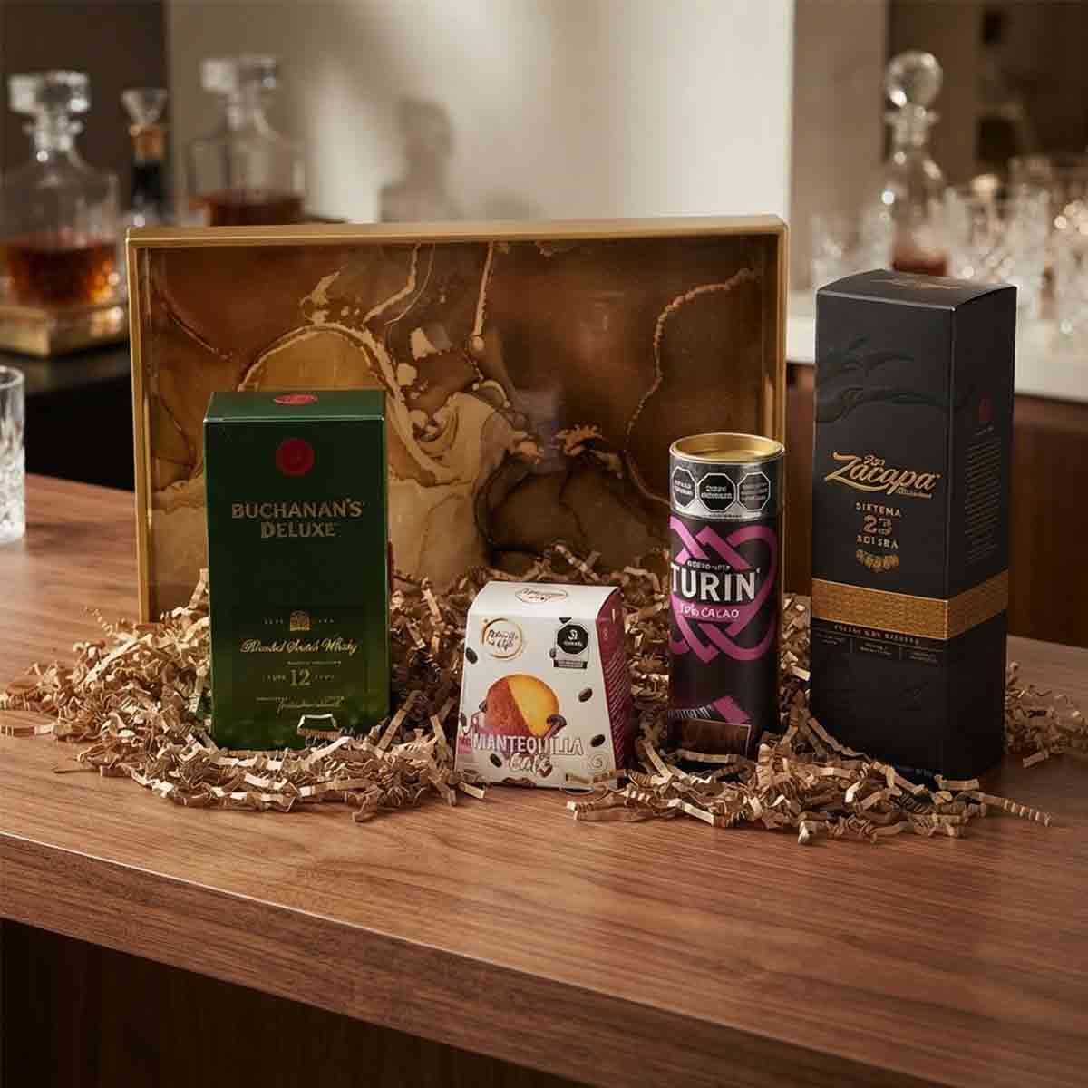 Set Premium con Whisky Buchanan’s 12, Ron Zacapa 23, Chocolates Turin y Galletas | Regalos Empresariales de Lujo | Envíos nacionales
