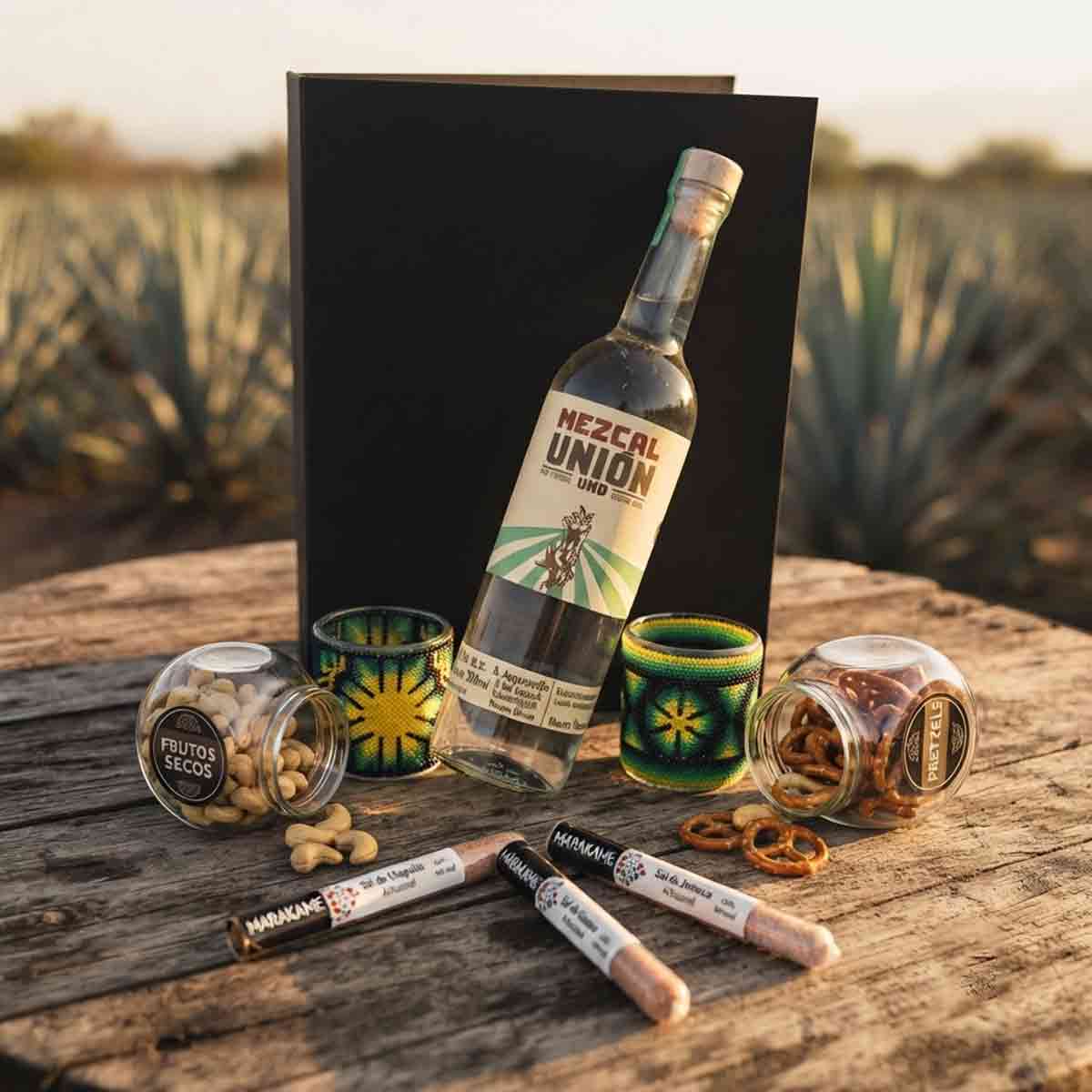 Set Mezcal Unión con Vasos de Arte Huichol y Sales Gourmet | Regalo Empresarial Premium