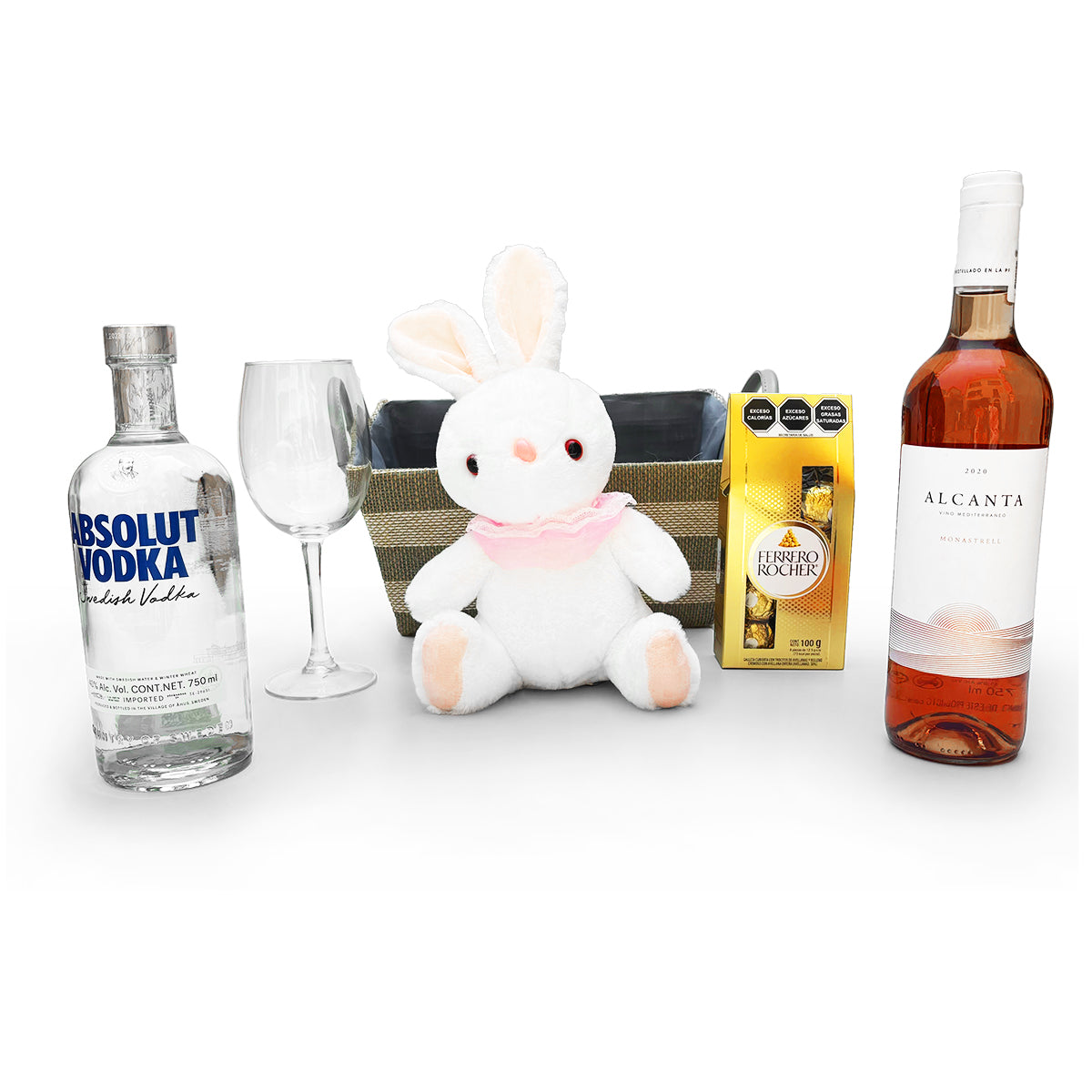 Canasta de Regalo Premium con Absolut Raspberry, Vino Rosado y Chocolates Ferrero Rocher