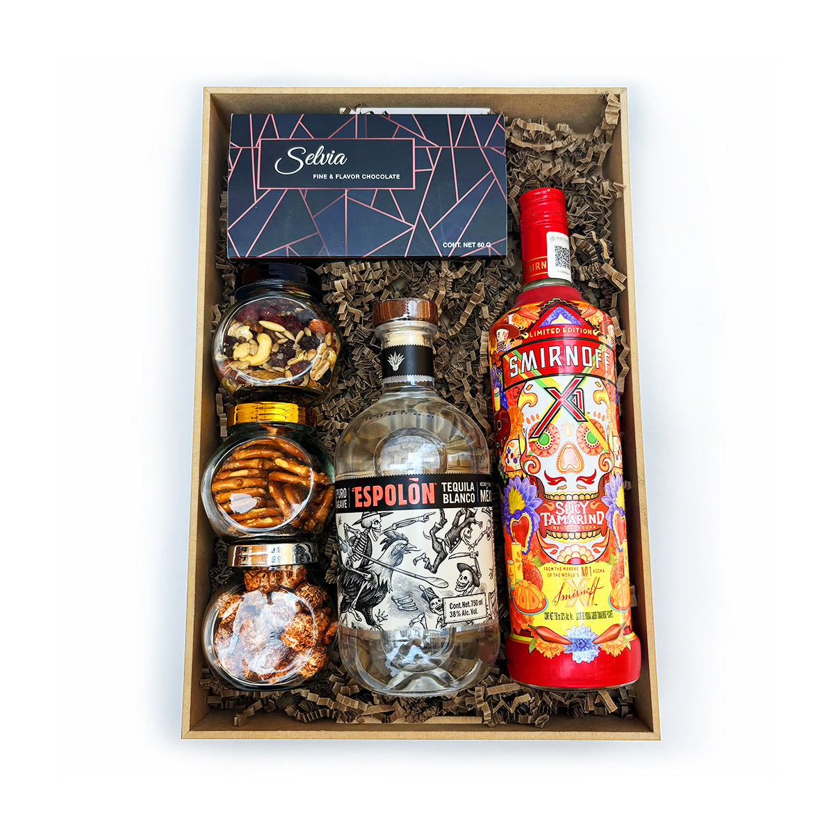 Canasta Navideña Corporativa con Smirnoff de Tamarindo, Tequila Espolón y Complementos Premium