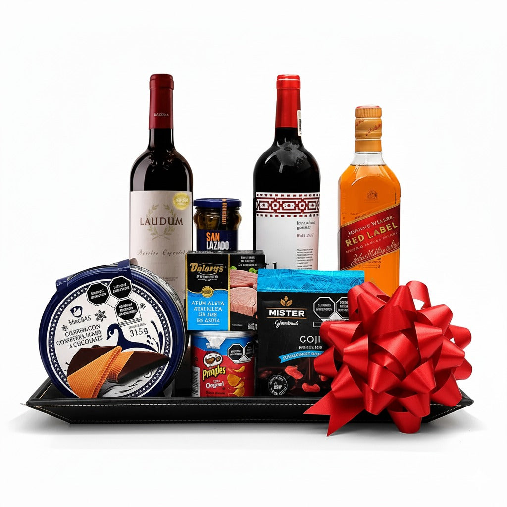 Charola de Piel con Destilados Selectos: Un Regalo de Lujo con Whisky, Vino Tinto y Delicias Gourmet