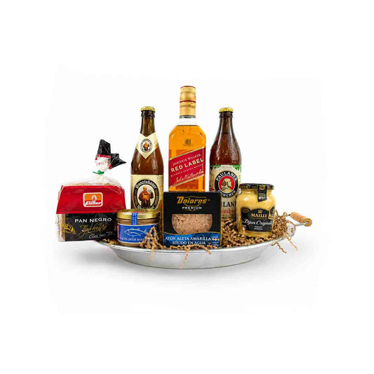 Canasta paellera de Lujo con Whisky y Delicias – Red Label- Cervezas-Sabor Internacional