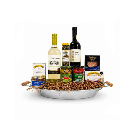 Canasta paellera de Lujo empresarial- Vino, Exclusiva de Especialidades de productos gourmet.