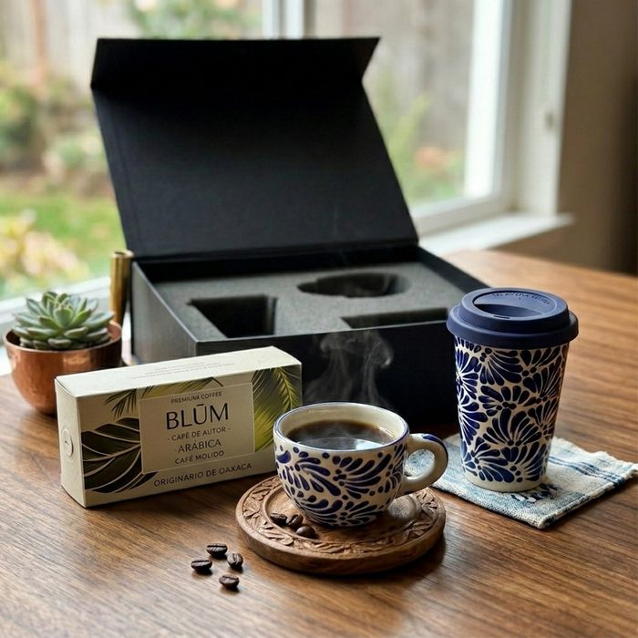 Kit de café con taza de talavera en caja de regalo corporativo