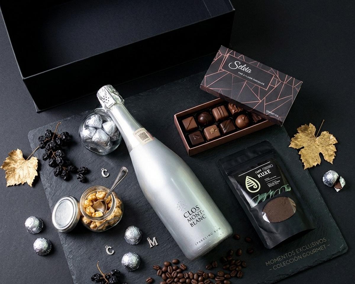 Regalo corporativo de Cava Alta: espumoso Clos Montblanc, chocolates y café en caja negra