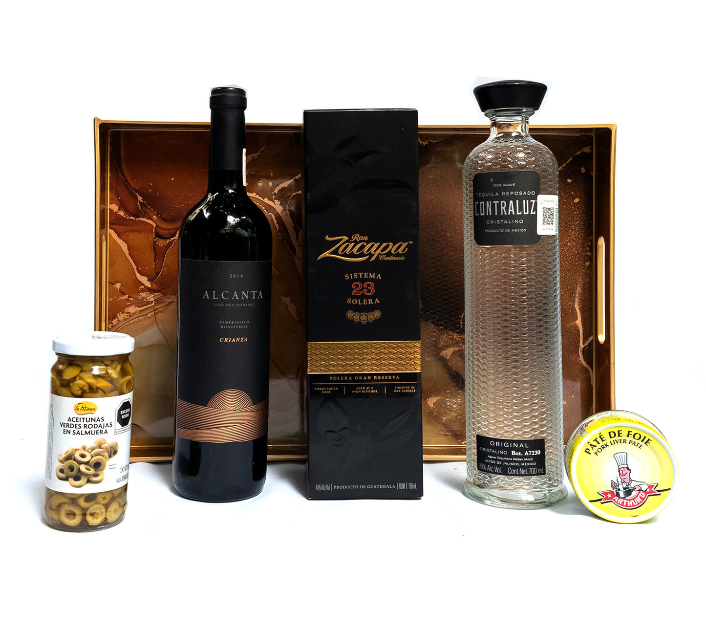 Canasta de Lujo con Zacapa y Bebidas Selectas – Zacapa, Alcanta, Tequila Contraluz, Paté y Aceitunas en Salmuera | Exclusivo | Envíos Nacionales