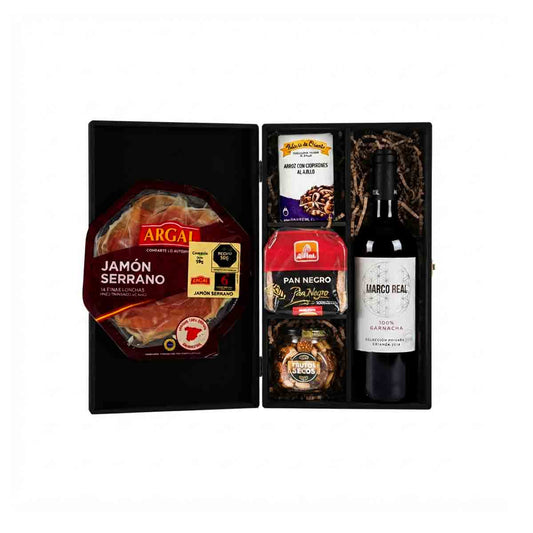 Canasta corporativo de lujo Vino tinto Marco Real con complementos gourmet
