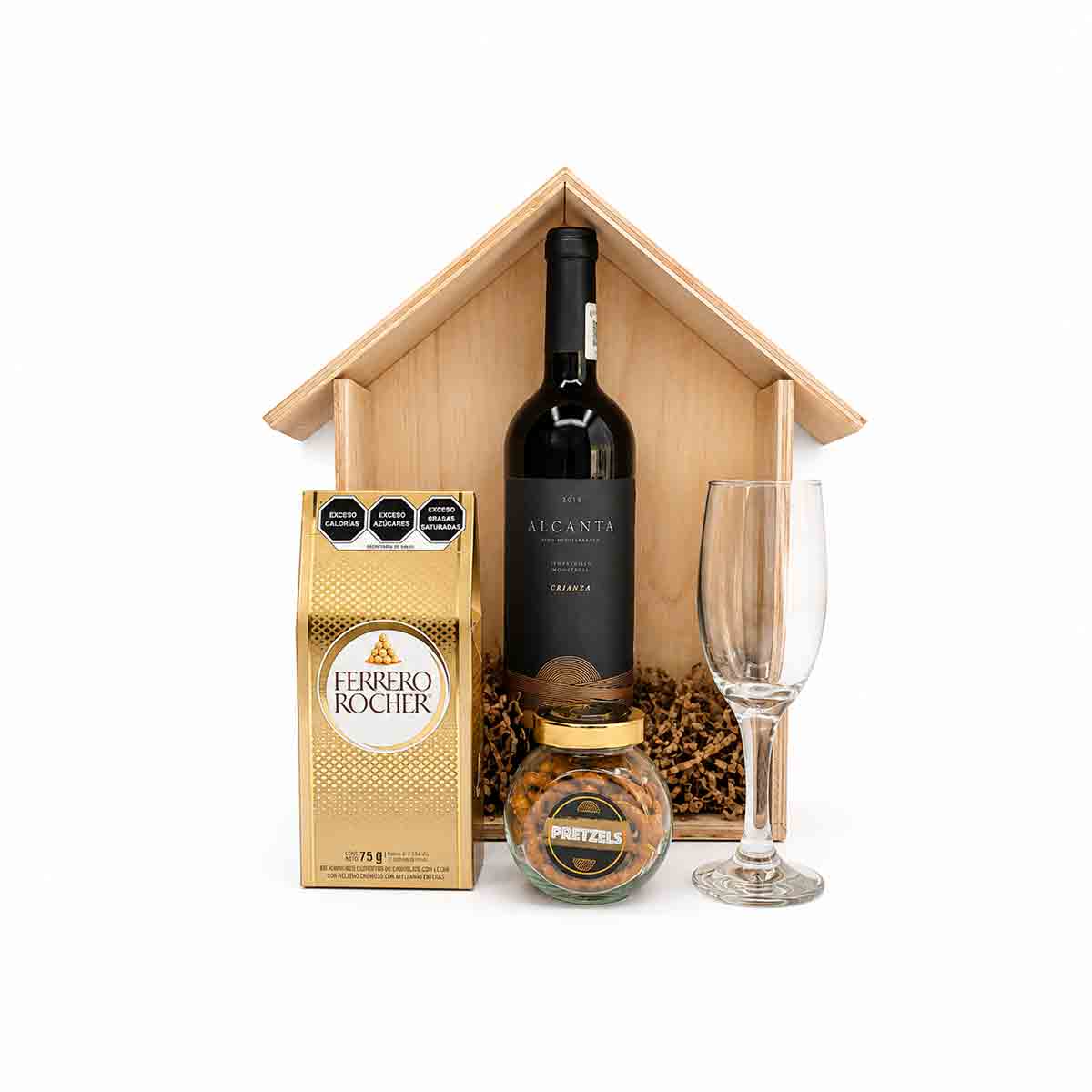 Canasta Regalo Empresarial "Casita Alcanta":  con Vino Tinto Alcanta Crianza y botana selecta