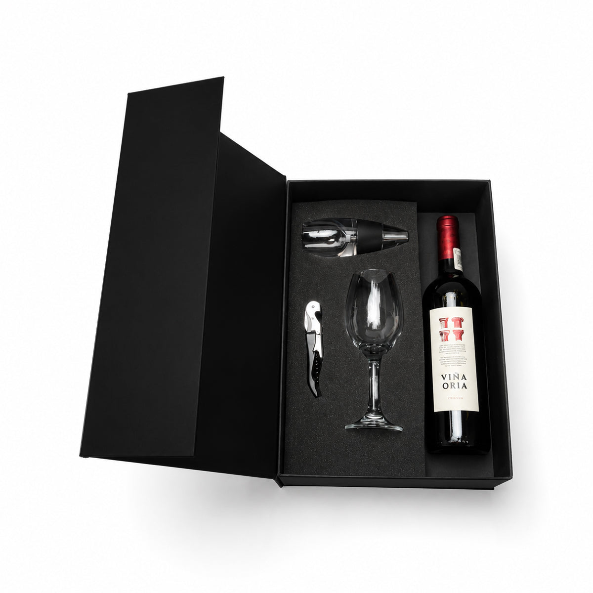 Regalo empresarial de lujo con vino tinto Viña Oria y complementos para cata de vinos