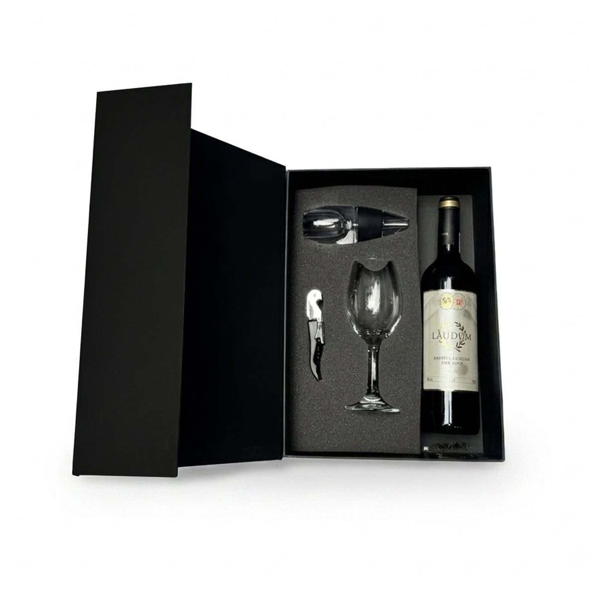Regalo empresarial de lujo con vino tinto Laudum y complementos para cata de vinos