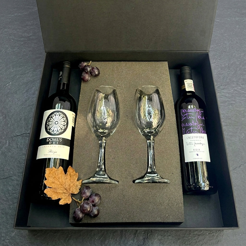 Regalo empresarial de lujo con vino Domus Dei y Cristóforo con copas para cata