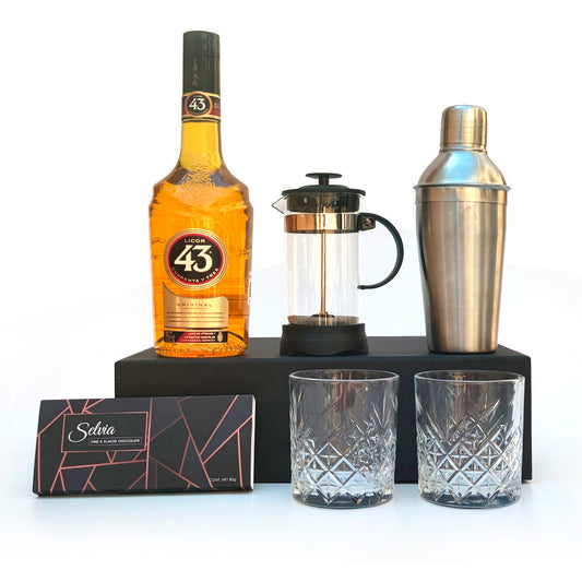 Regalo Empresarial Con Licor 43 De 700 ml Para Carajillos Con Prensa Francesa, Chocolates y Shaker