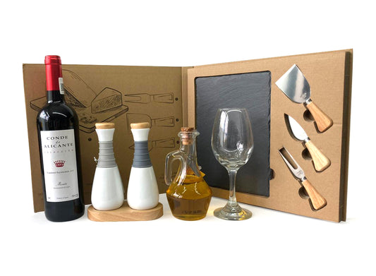 Regalo Empresarial de Tabla de Quesos con Vino Tinto, Copas y Aceite de Olivo