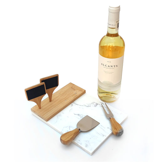 Regalo empresarial con Vino Blanco y Tabla de Quesos de Mármol con Pizarra Exclusivo