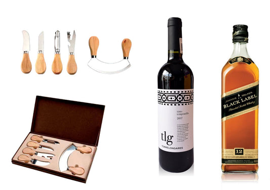 Regalo Empresarial Whisky Black Label con Kit de Cuchillos para Quesos y Vino Tinto