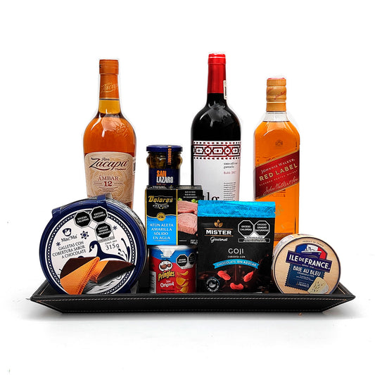 Charola de Piel con Destilados Selectos: Un Regalo de Lujo con Whisky, Vino Tinto, Zacapa y Delicias Gourmet