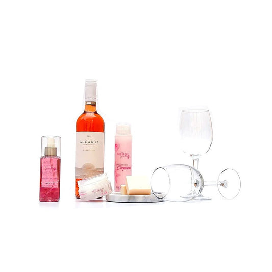 Kit De Regalo Premium Skin Care & Vino Rosado Alcanta con Copas y Mármol